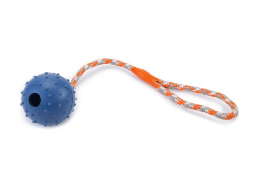 Rubberen bal met bel aan koord hondenspeeltje blauw 30 cm