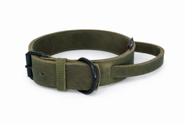 Bonezz halsband vetleer - met handgreep, olijfgroen, diverse afmetingen