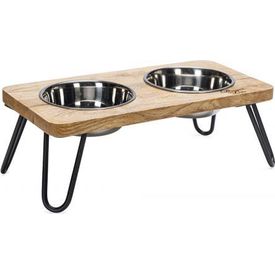 Designed by Lotte Linga - Dinerset Kat - Hout/metaal - incl. 2 bakjes - 31x16x10 | Voer & Drinkbakken