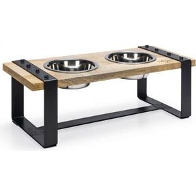 Designed by Lotte Karinto - Dinerset Hond - Hout/metaal - incl. 2 bakjes - 44x19x15cm | Water- voederbakken en drinkflessen