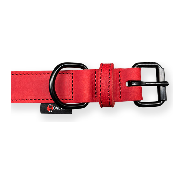 Halsband vetleer - Dubbel gestikt - Rood - Diverse afmetingen